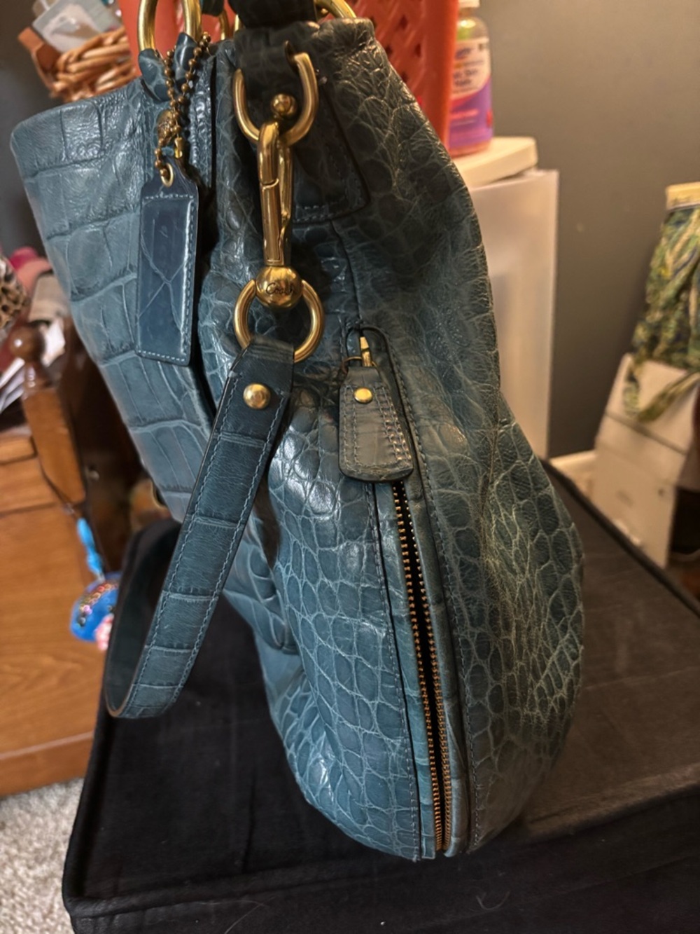 Teal Croc-Embossed Leather Tote Bag with Gold Hardware - Picture 4 of 16